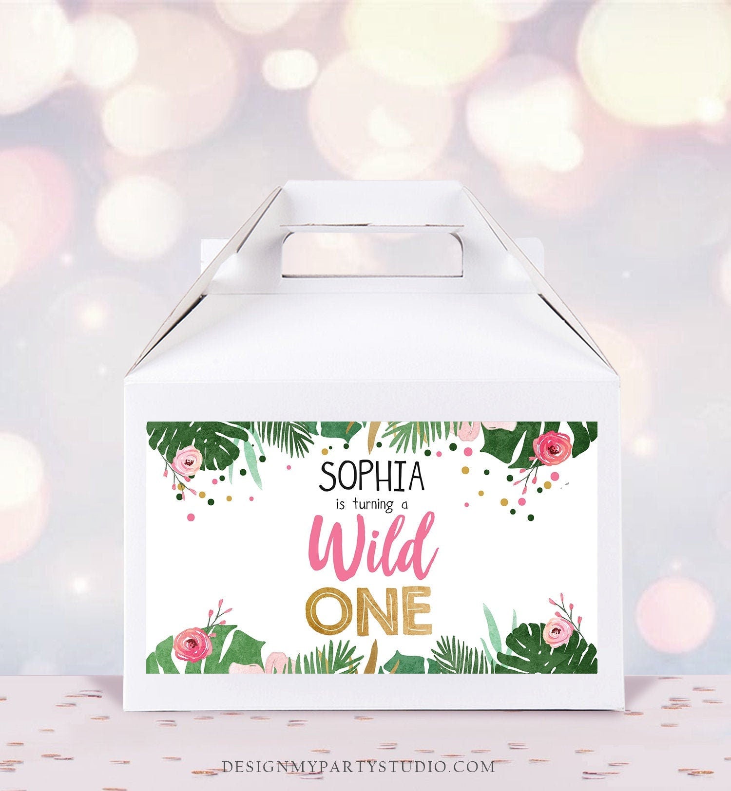 Editable Safari Birthday Gable Gift Box Labels Party Animals Gold Pink Wild One Jungle Animals First Birthday Girl Digital Corjl 0332