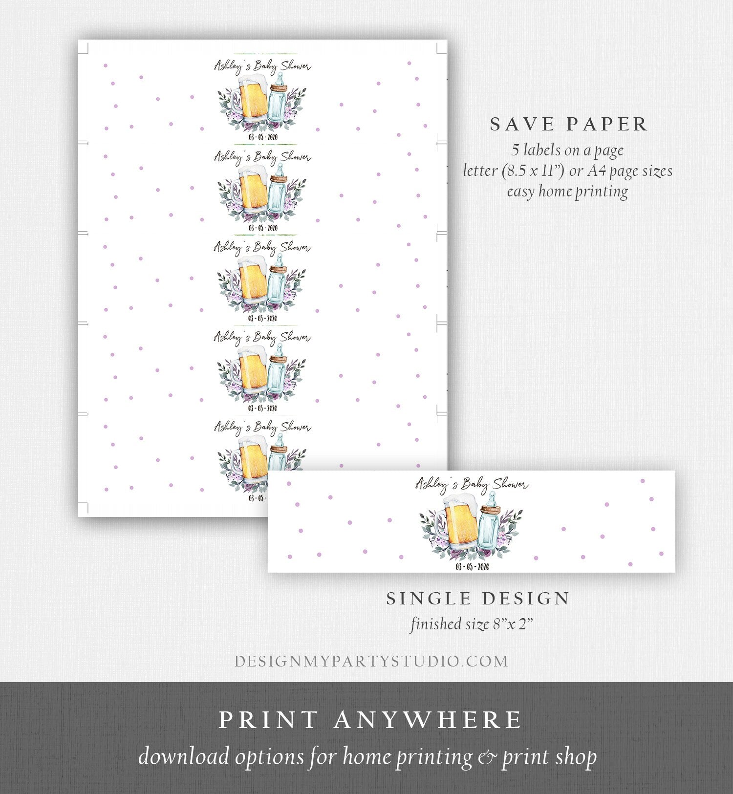 Editable Brewing Water Bottle Label Baby is Brewing Baby Shower Decor Beer Bottle Purple Lavender Greenery Corjl Template Printable 0190