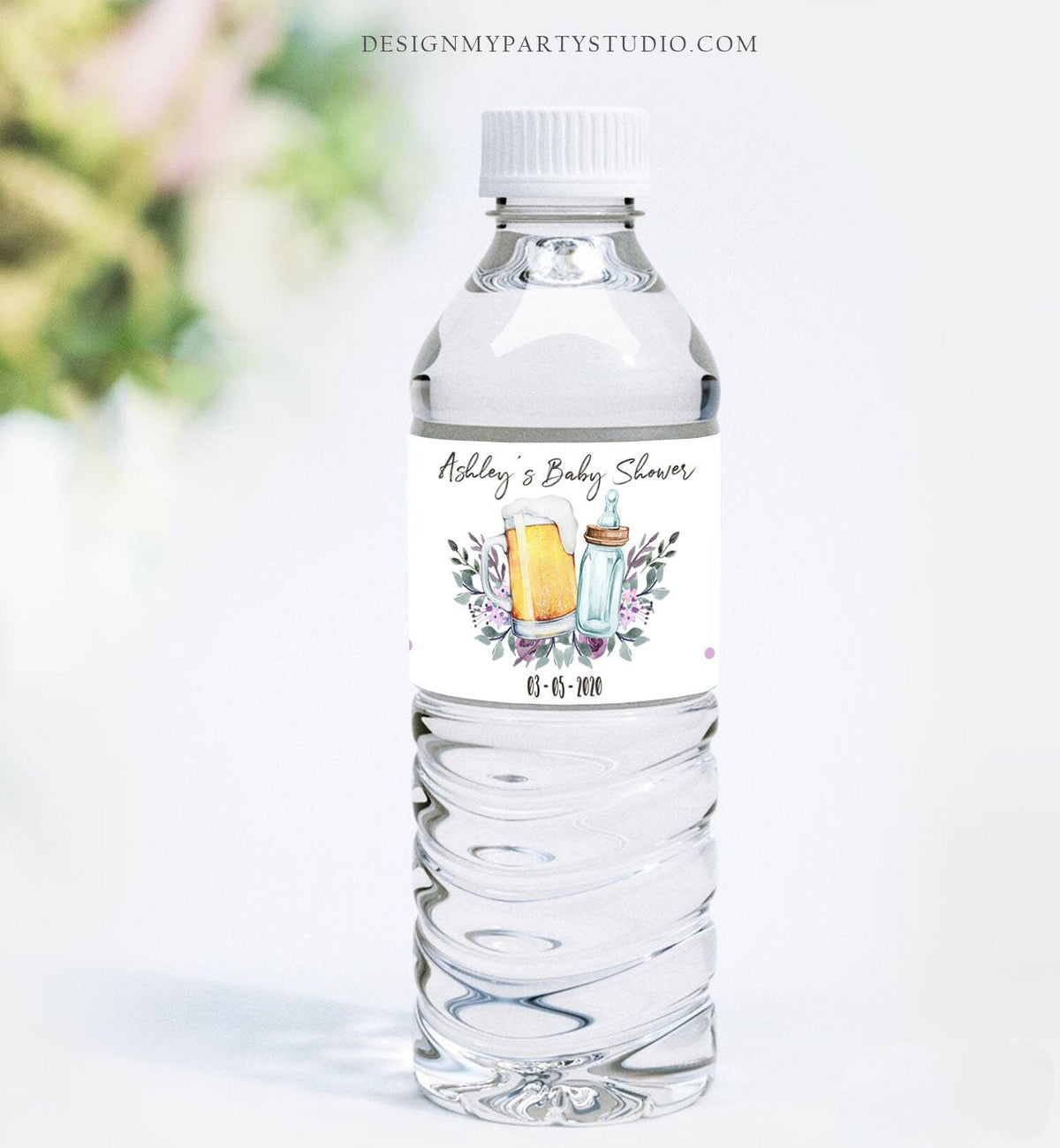 Editable Brewing Water Bottle Label Baby is Brewing Baby Shower Decor Beer Bottle Purple Lavender Greenery Corjl Template Printable 0190