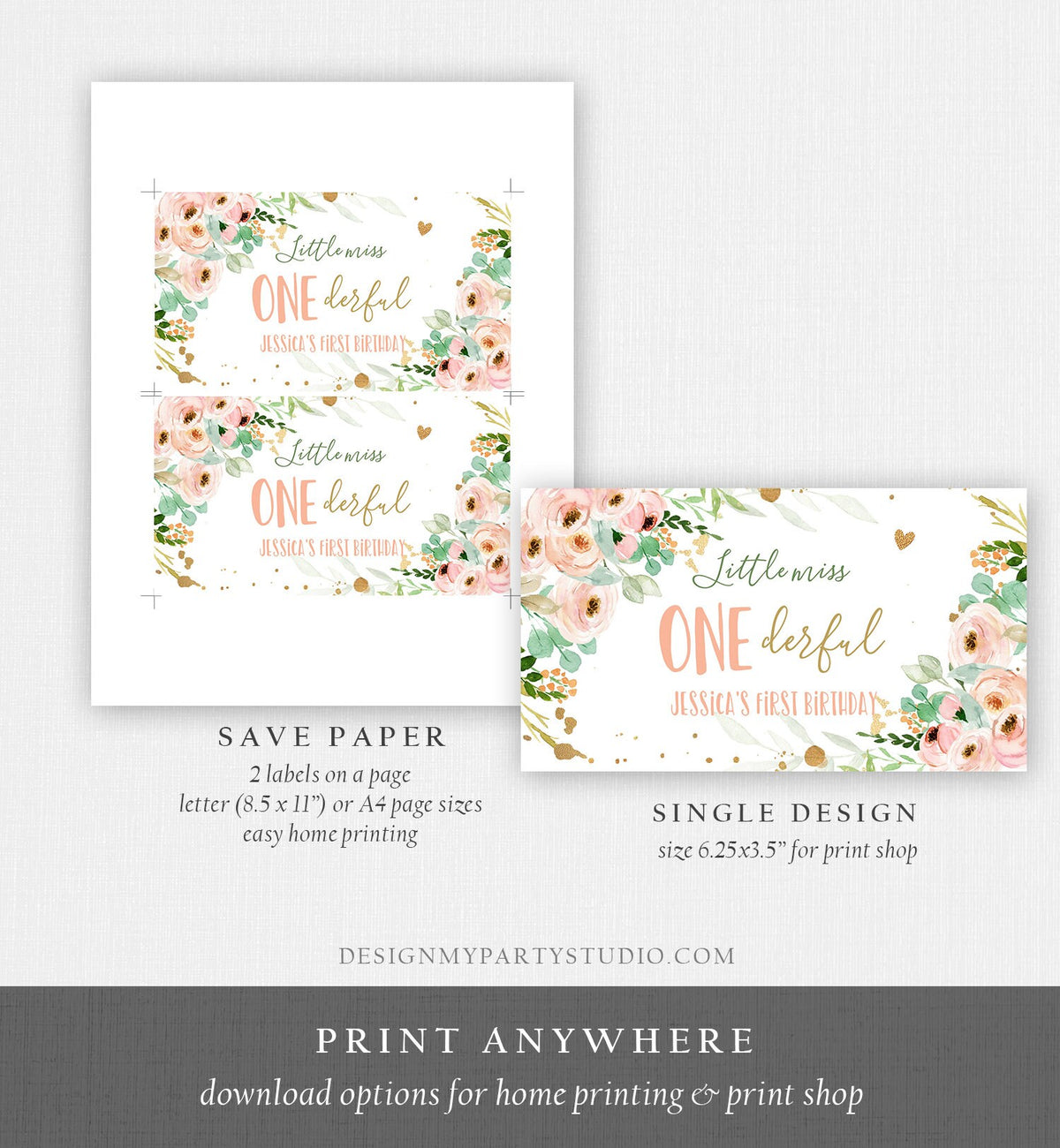Editable Little Miss Onederful Gable Gift Box Label 1st Birthday Girl Treat Box Label Floral Pink Gold Wild Download Printable Corjl 0147