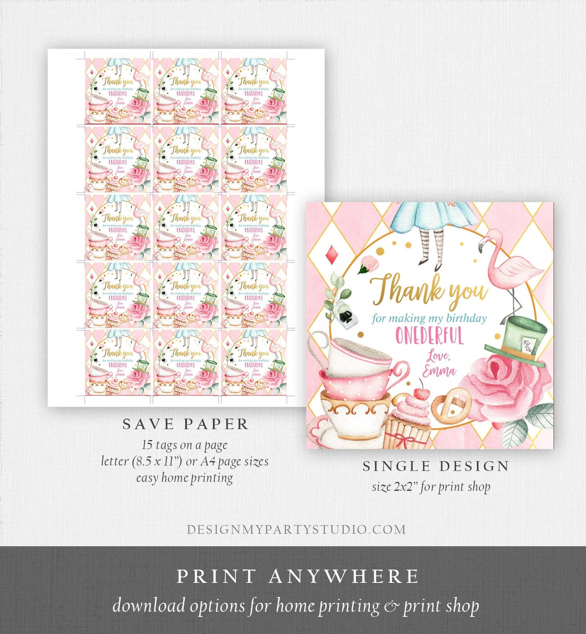 Editable Alice in Onederland Thank You Favor Tags Round Stickers Alice Birthday Tea Party Alice in Wonderland Printable Corjl Template 0350