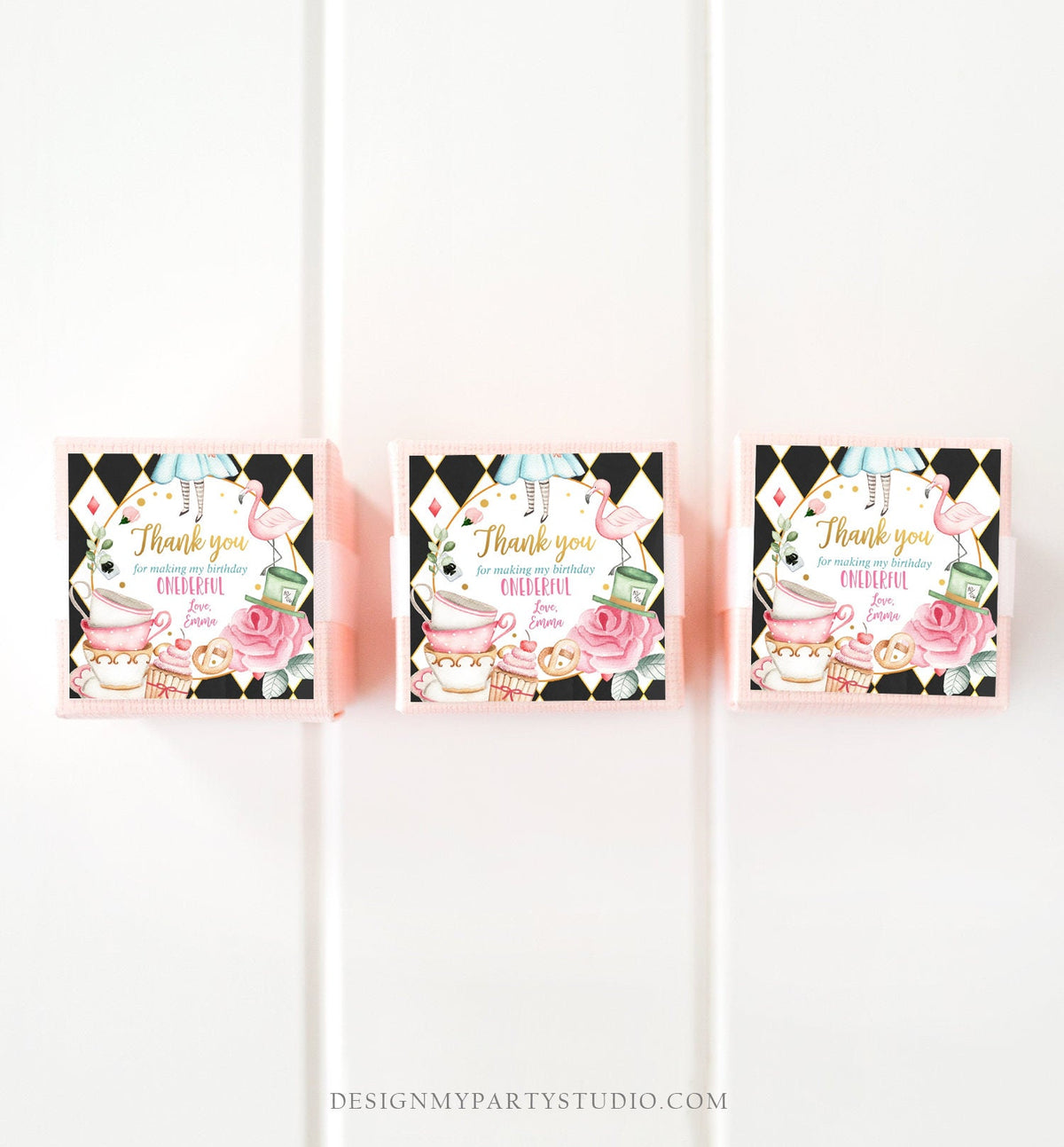 Editable Alice in Onederland Thank You Favor Tags Round Stickers Alice 1st Birthday Tea Party Alice Wonderland Printable Corjl Template 0350