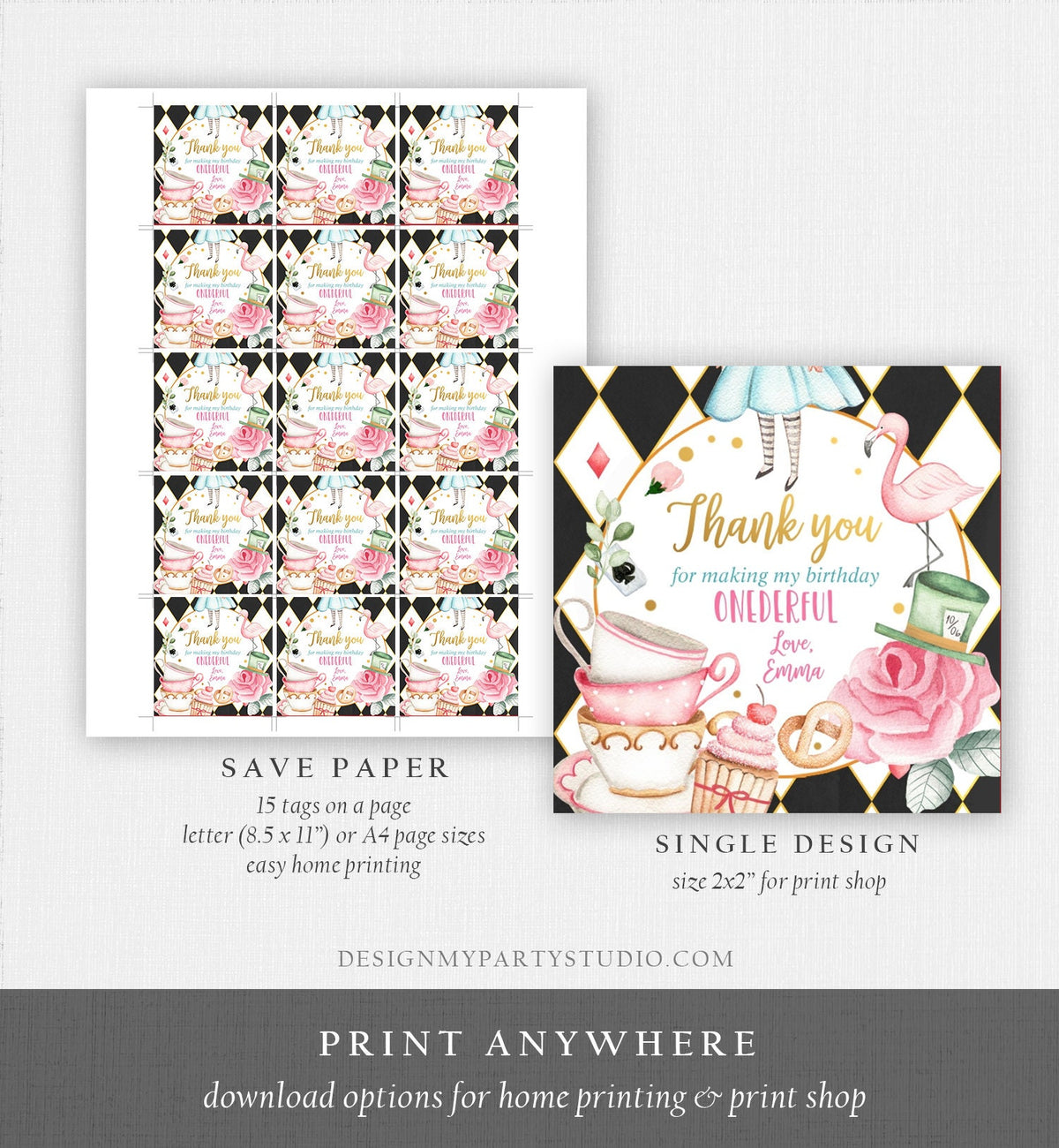 Editable Alice in Onederland Thank You Favor Tags Round Stickers Alice 1st Birthday Tea Party Alice Wonderland Printable Corjl Template 0350