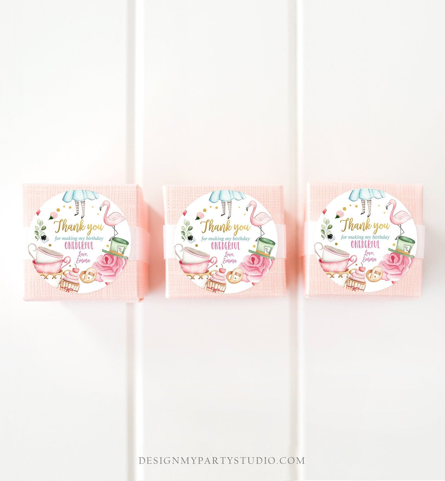 Editable Alice in Onederland Thank You Favor Tags Round Stickers Alice 1st Birthday Tea Party Alice Wonderland Printable Corjl Template 0350