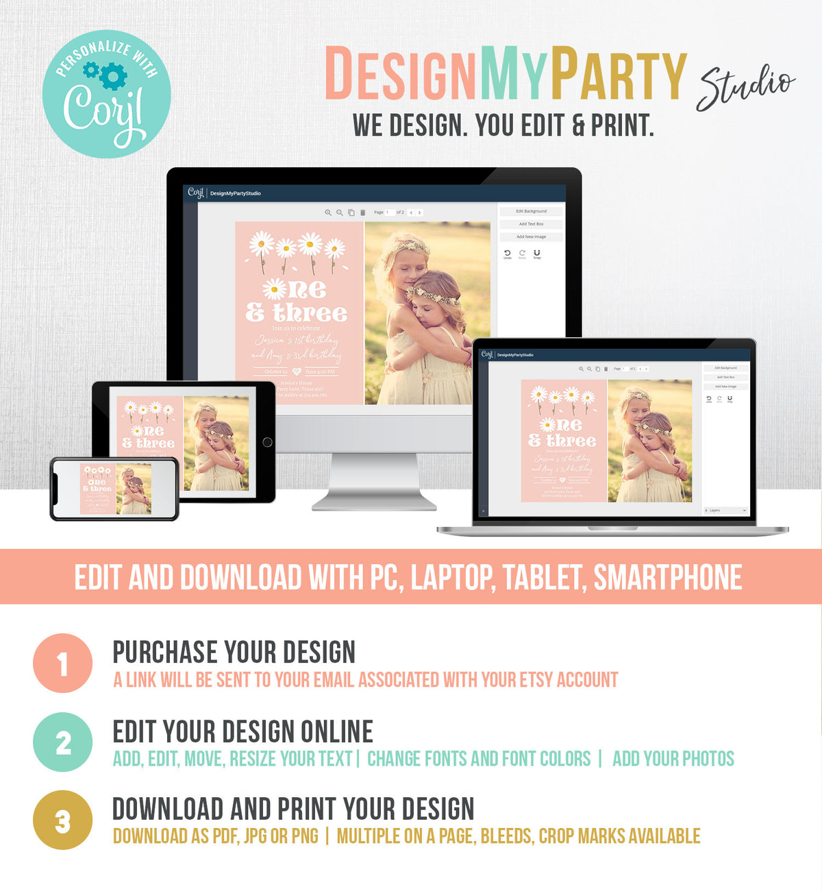 Editable Daisy Birthday Party Invitation 1st Birthday One and Three Party Boho Girl Sisters Download Printable Template Corjl Digital 0410