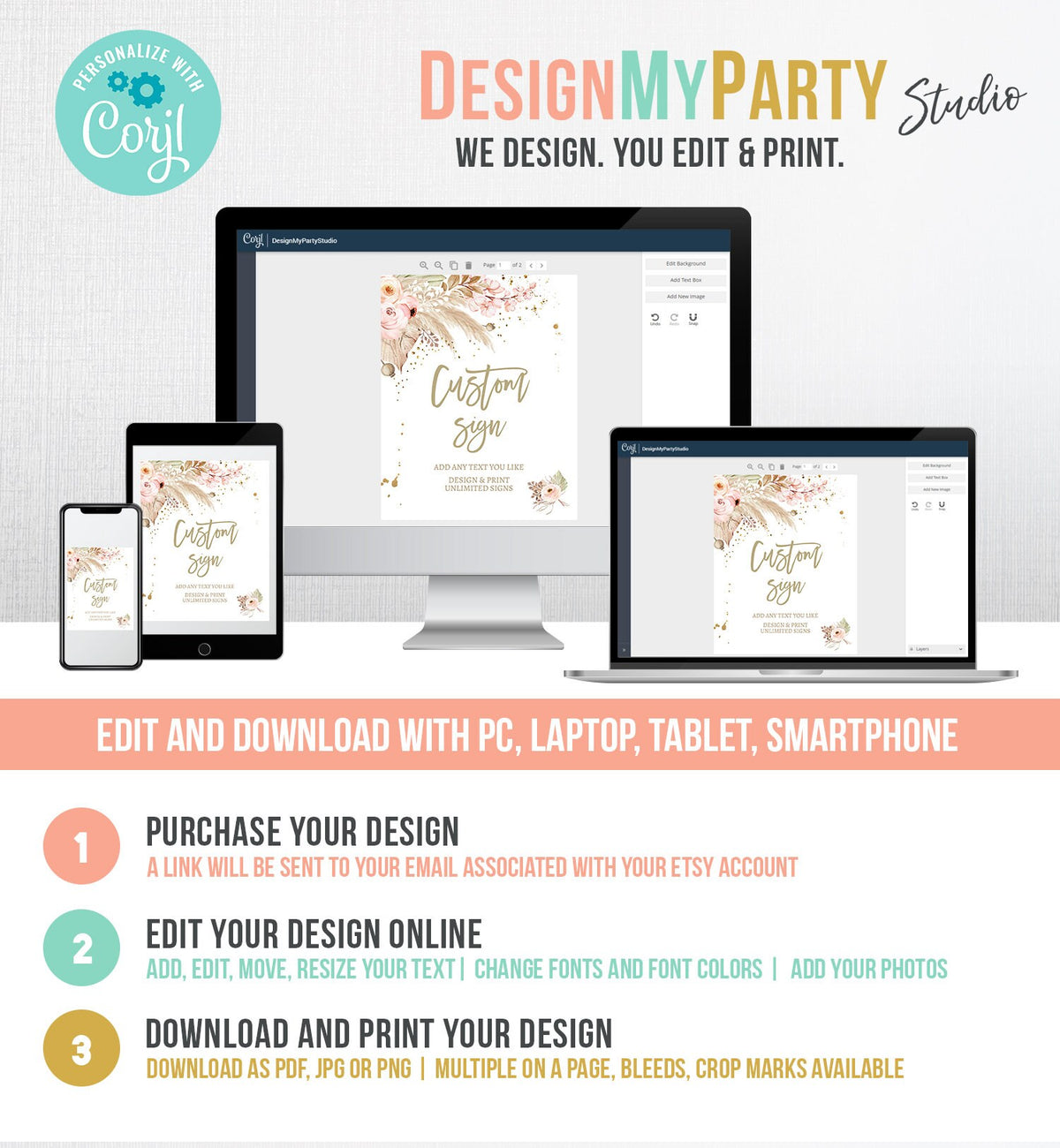 Editable Custom Sign Pampas Grass Sign Boho Decor Bohemian Table Sign Shower Tropical Desert Download Corjl Template Printable 8x10 0395