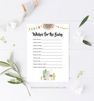 Editable Wishes for Baby Game Cards Llama Baby Shower Game Fiesta Cactus Mexican Couples Shower Neutral Corjl Template Printable 0079