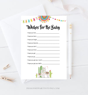 Editable Wishes for Baby Game Cards Llama Baby Shower Game Fiesta Cactus Mexican Couples Shower Neutral Corjl Template Printable 0079