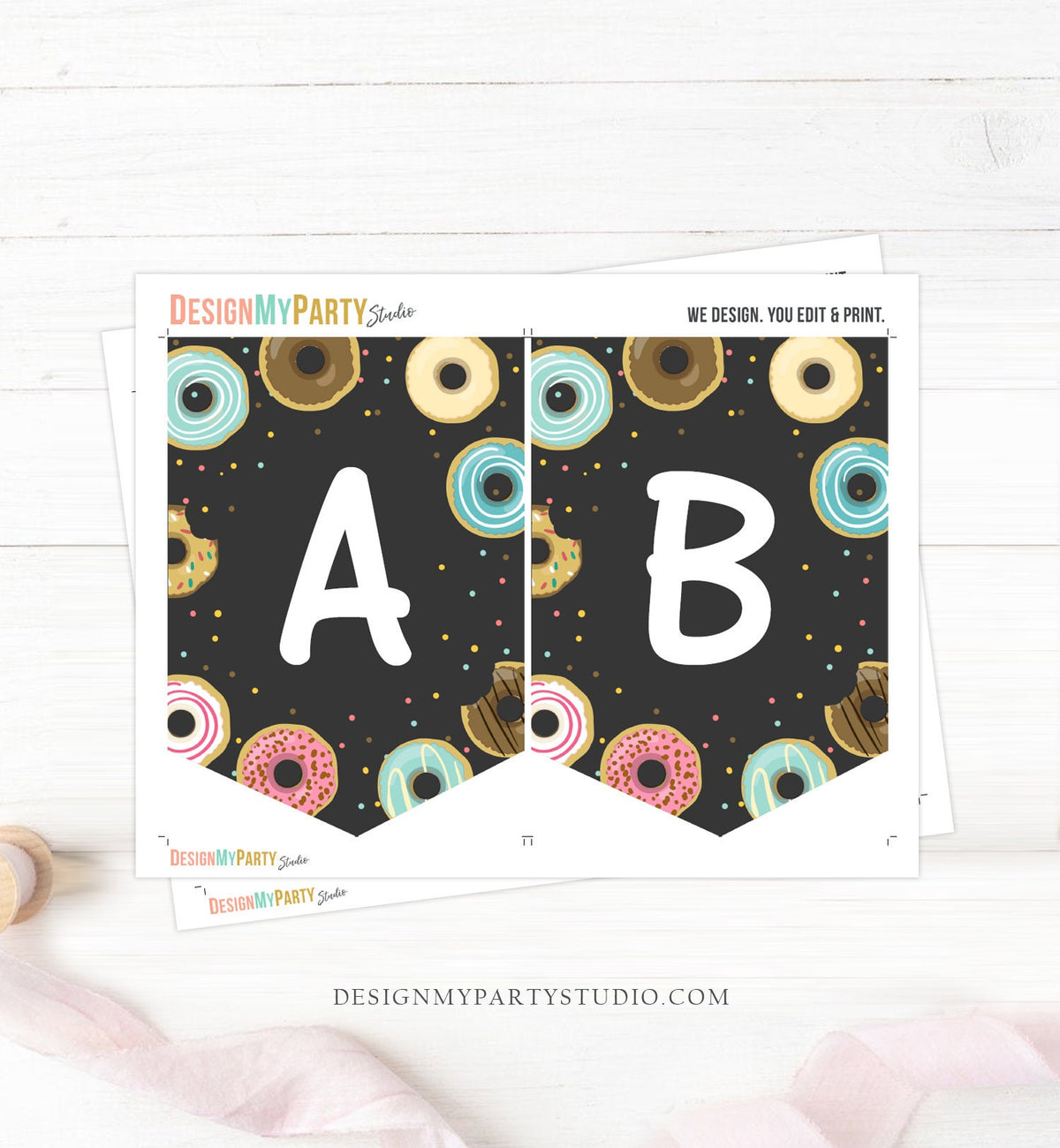 Donut Birthday Banner A-Z Alphabet Numbers Banner Girl Pink Doughnut Party Happy Birthday Decoration Digital Download Printable 0050