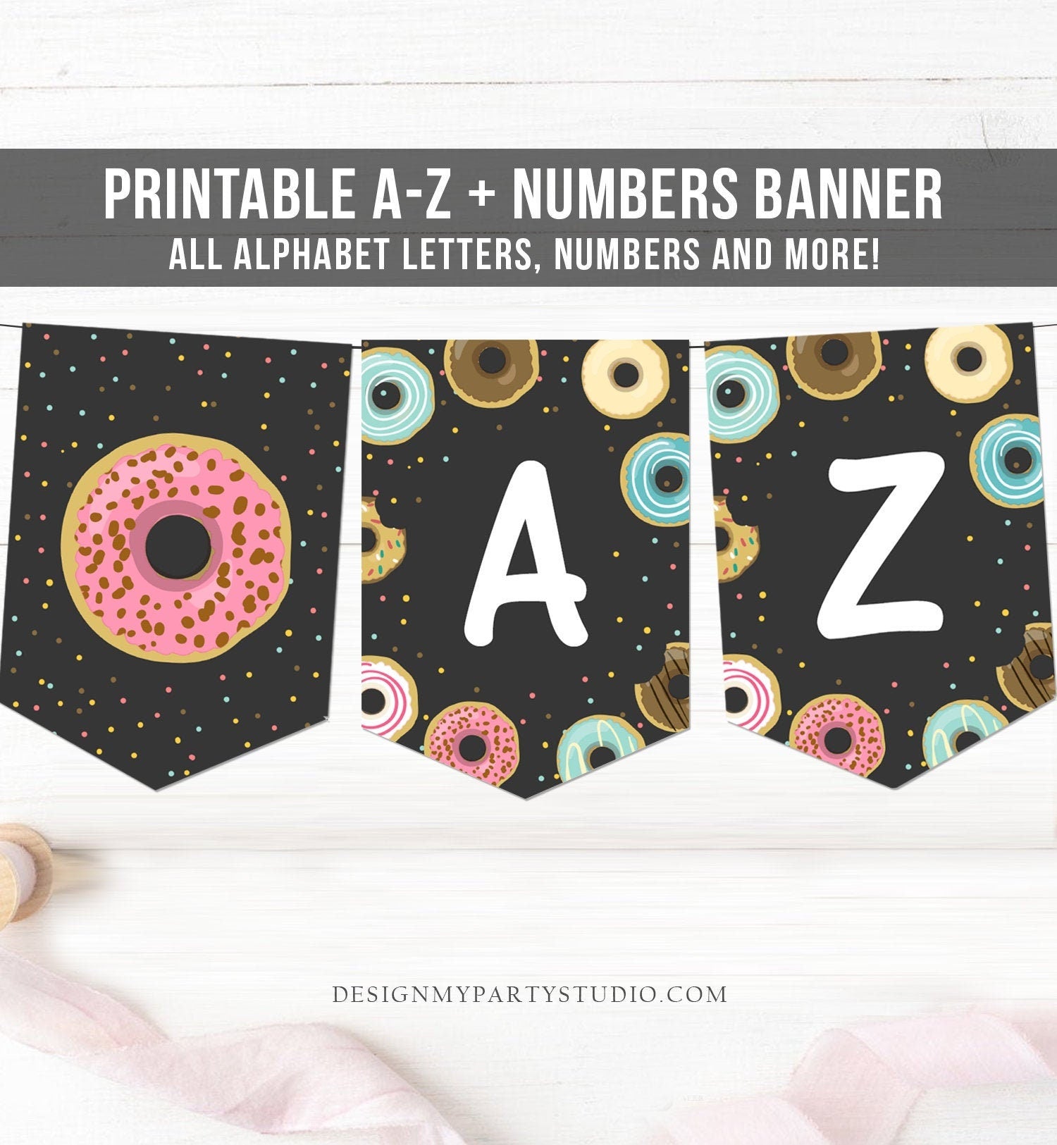 Donut Birthday Banner A-Z Alphabet Numbers Banner Girl Pink Doughnut Party Happy Birthday Decoration Digital Download Printable 0050