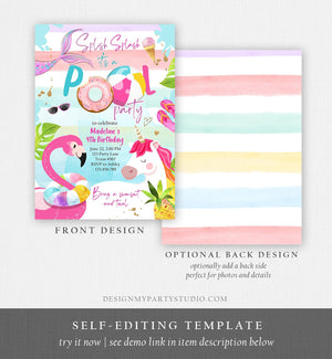 Editable Pool Party Invitation Pool Party Bash Invite Girl Pink Unicorn Float Flamingo Tropical Download Printable Template Corjl 0416