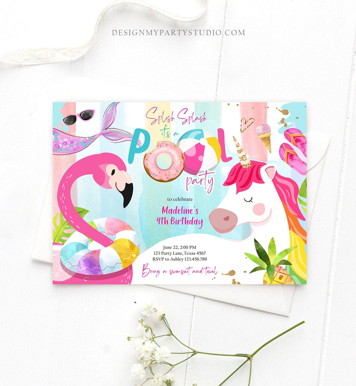 Editable Pool Party Invitation Pool Party Bash Invite Girl Pink Unicorn Float Flamingo Tropical Download Printable Template Corjl 0416