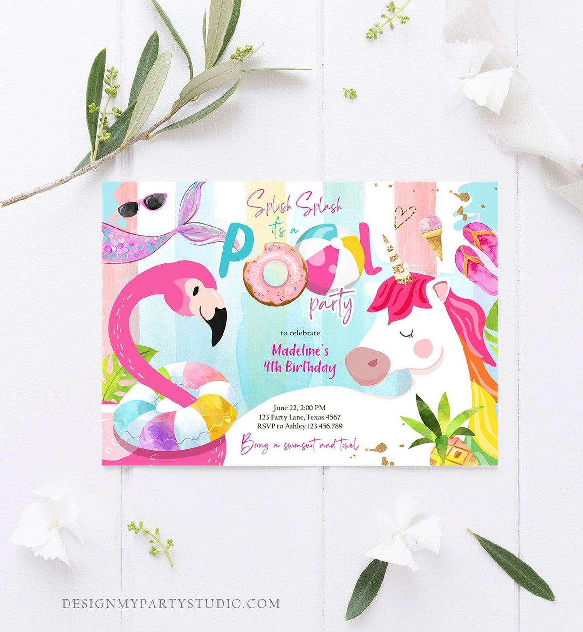 Editable Pool Party Invitation Pool Party Bash Invite Girl Pink Unicorn Float Flamingo Tropical Download Printable Template Corjl 0416