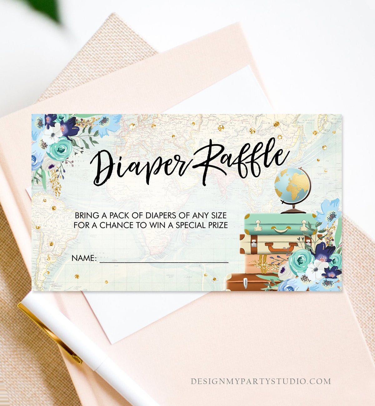 Editable Travel Diaper Raffle Ticket Baby Shower Diaper Game Journey Adventure Suitcases Globe Floral Blue Corjl Template Printable 0030
