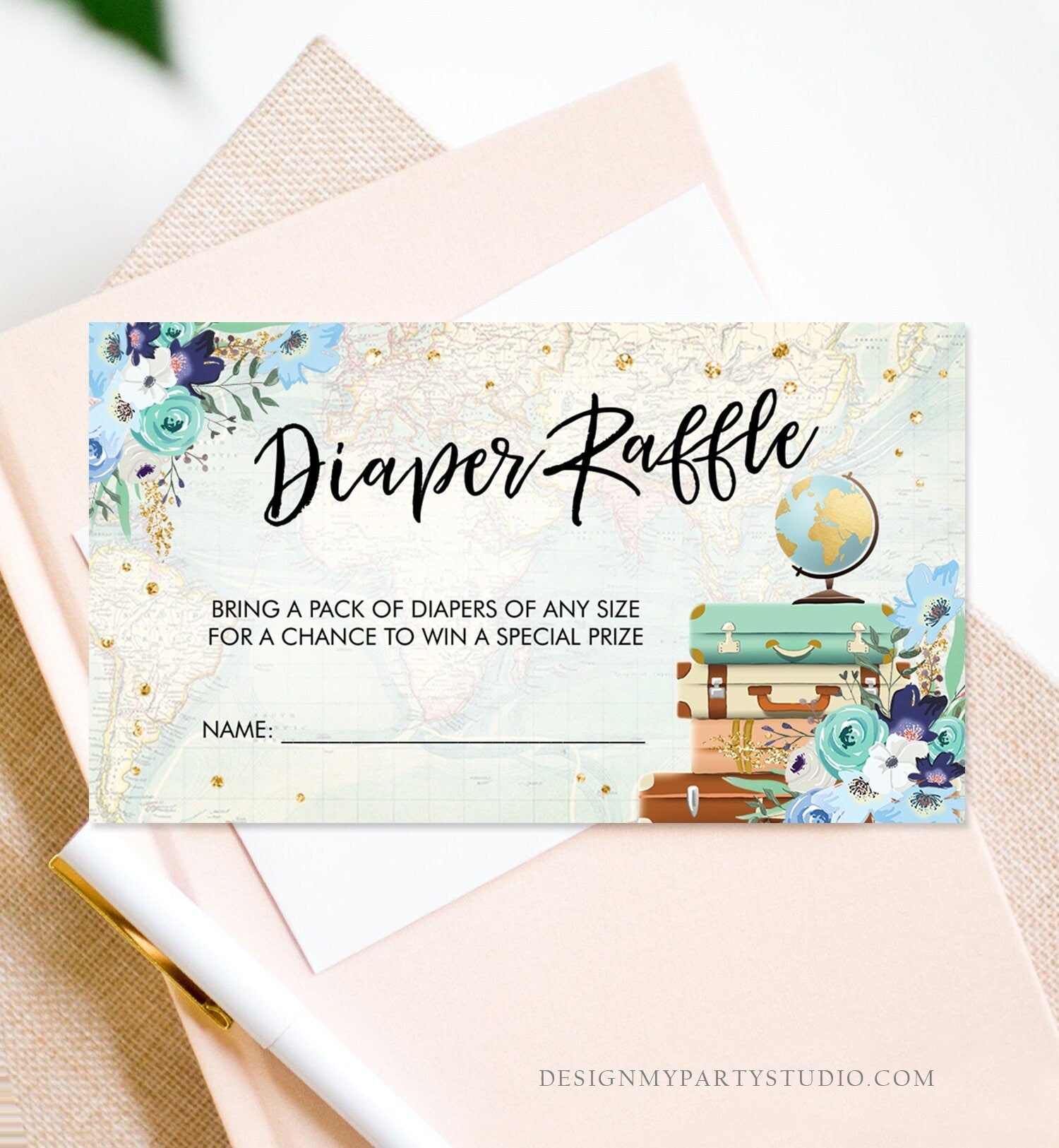 Editable Travel Diaper Raffle Ticket Baby Shower Diaper Game Journey Adventure Suitcases Globe Floral Blue Corjl Template Printable 0030
