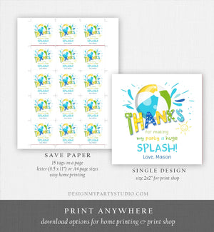 Editable Pool Party Thank You Tags Splish Splash Birthday Bash Green Yellow Tag Label Round Square Sticker Corjl Template Printable 0169