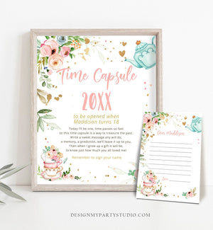 Editable Tea Party Time Capsule Birthday Party Baby Shower Sprinkle Floral Pink Gold Blush Bubbly Guestbook Corjl Template Printable 0349