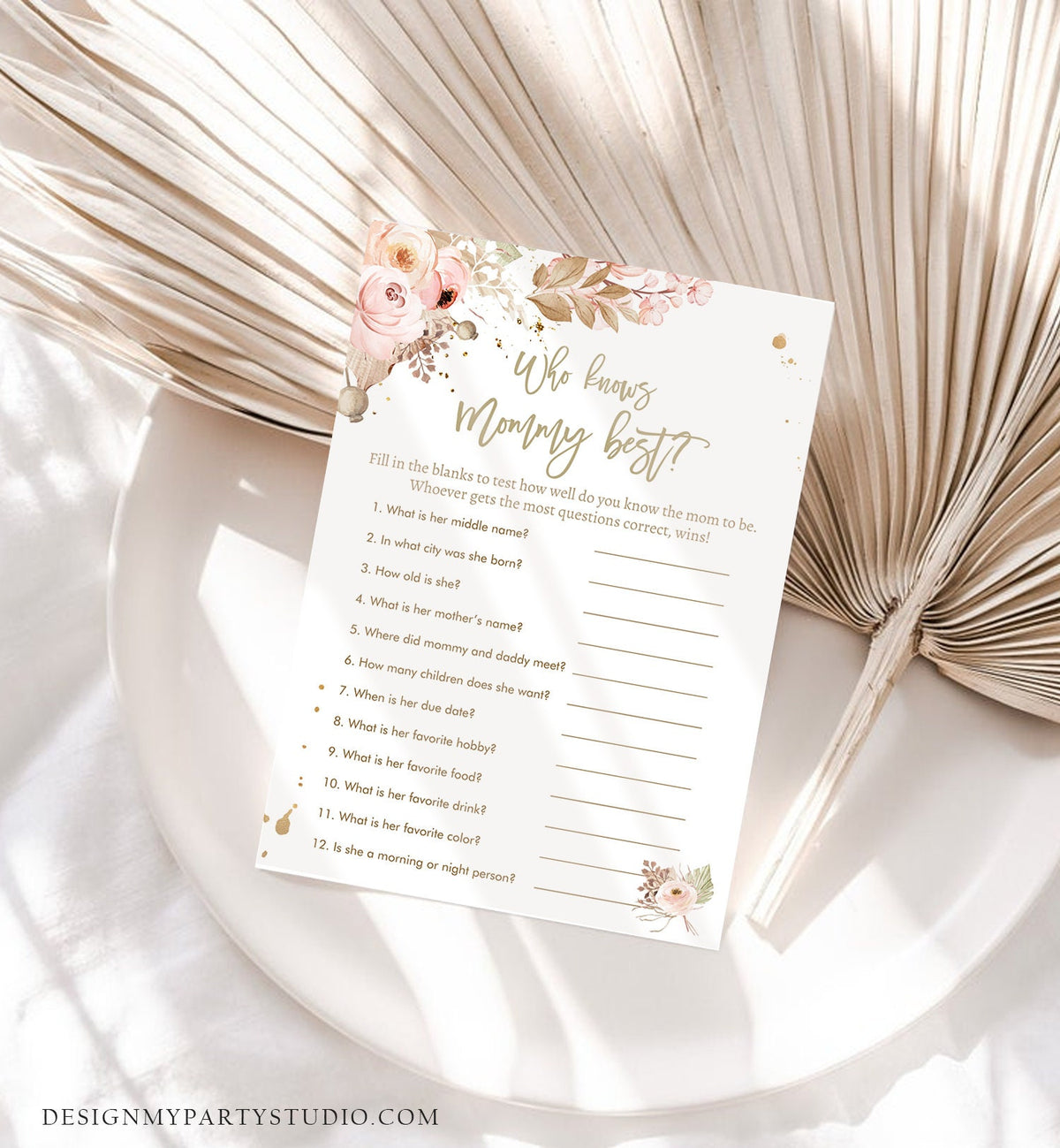 Editable Who Knows Mommy Best Baby Shower Game Bohemian Pampas Grass Tropical Desert Baby Shower Activity Corjl Template Printable 0395