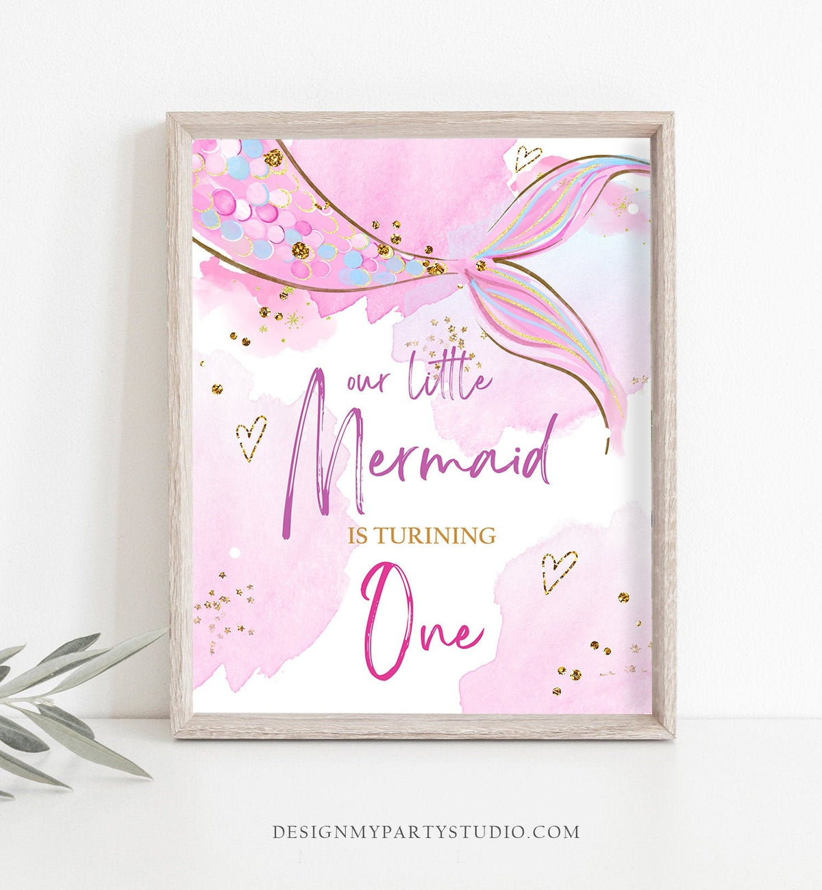 Our Little Mermaid is turning One Sign Mermaid First Birthday Table Decor Party Under The Sea Pink Purple Instant Download PRINTABLE 0403