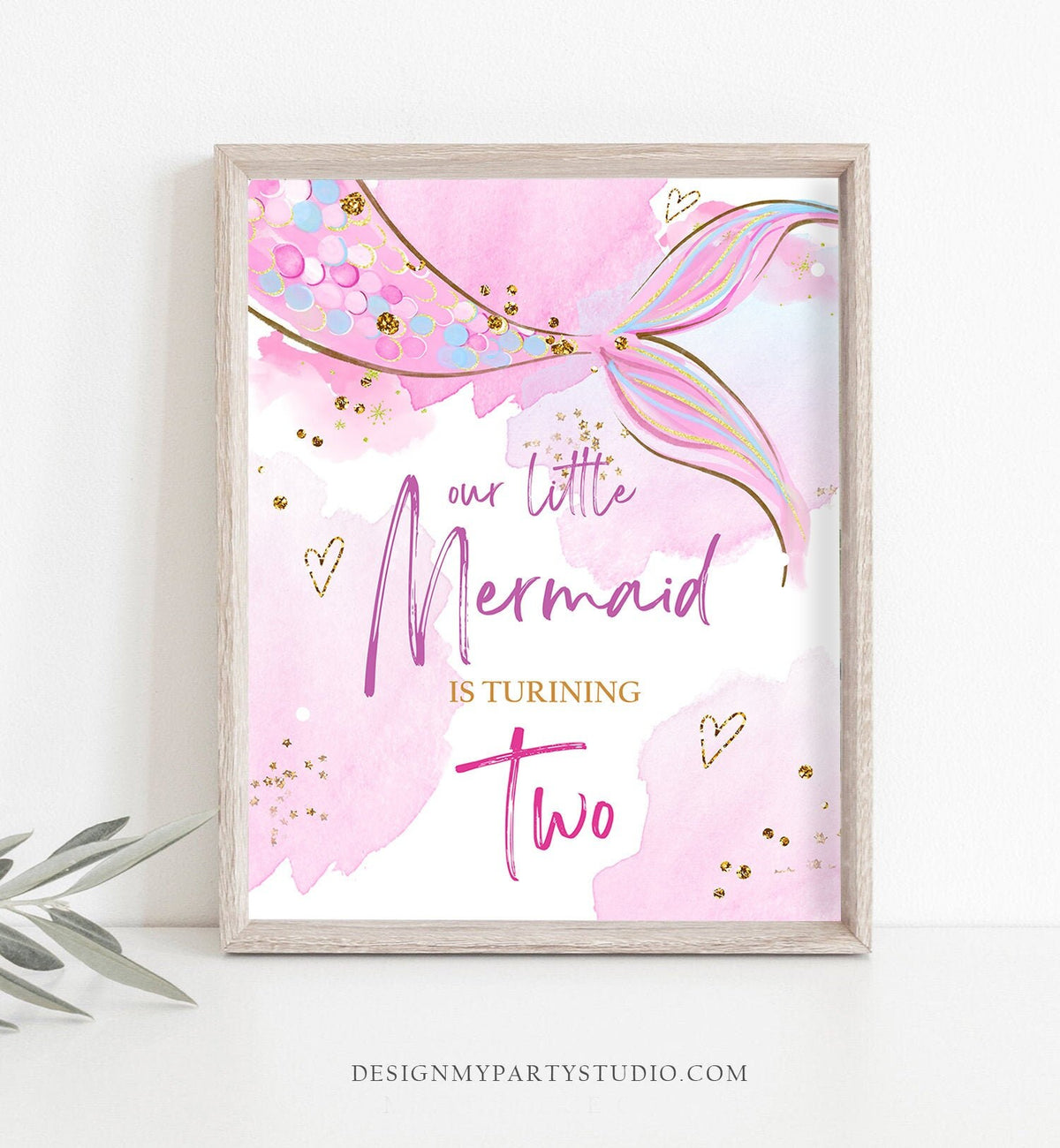 Our Little Mermaid is turning Two Sign Mermaid Second Birthday Table Decor Party Under The Sea Pink Purple Instant Download PRINTABLE 0403