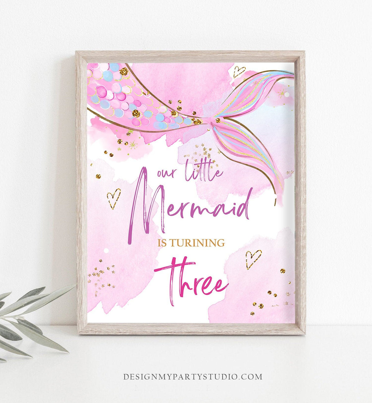 Our Little Mermaid is turning Three Sign Mermaid Third Birthday Table Decor Party Under The Sea Pink Purple Instant Download PRINTABLE 0403
