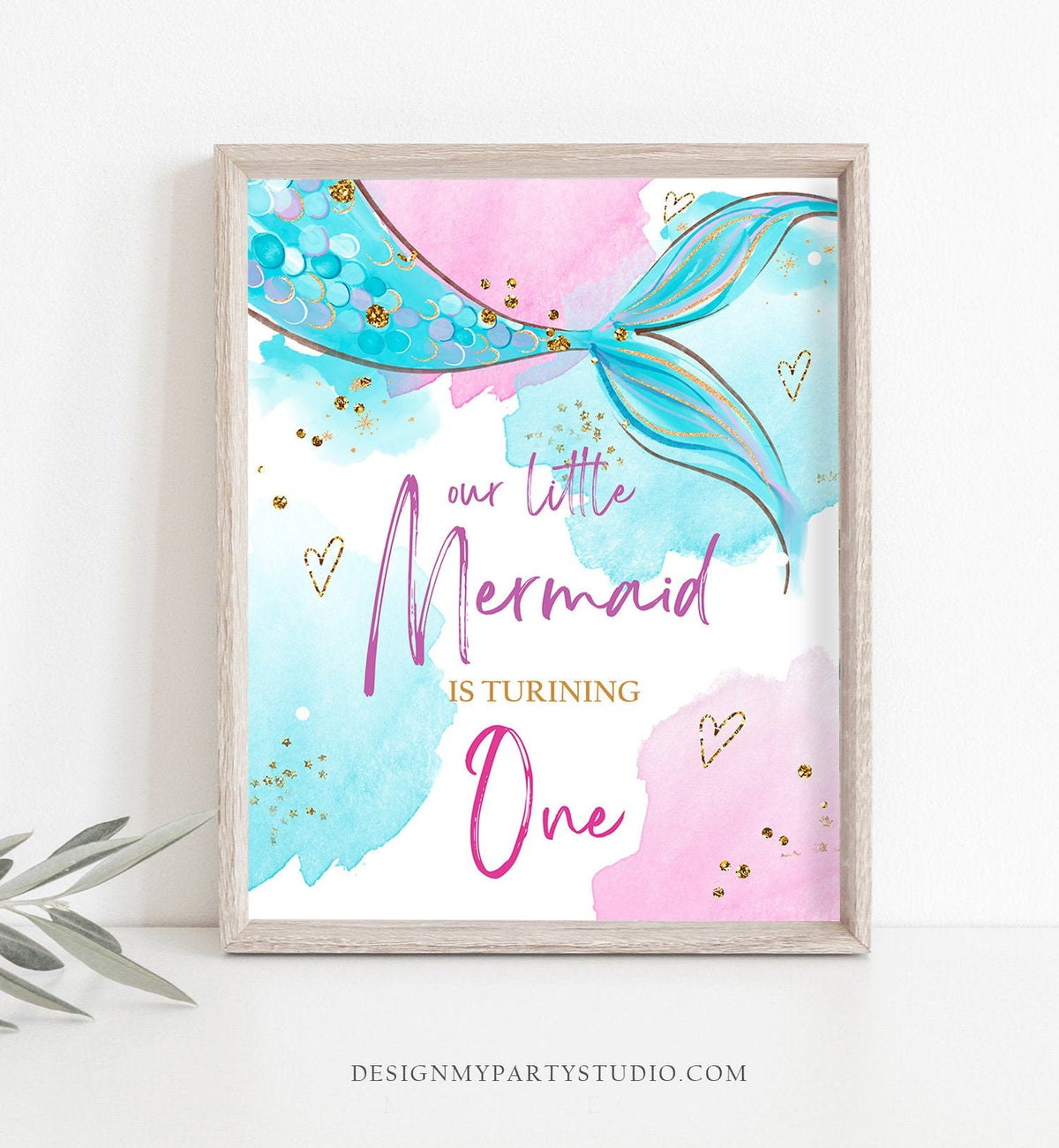Our Little Mermaid is turning One Sign Mermaid First Birthday Table Decor Party Under The Sea Pink Blue Instant Download PRINTABLE 0403