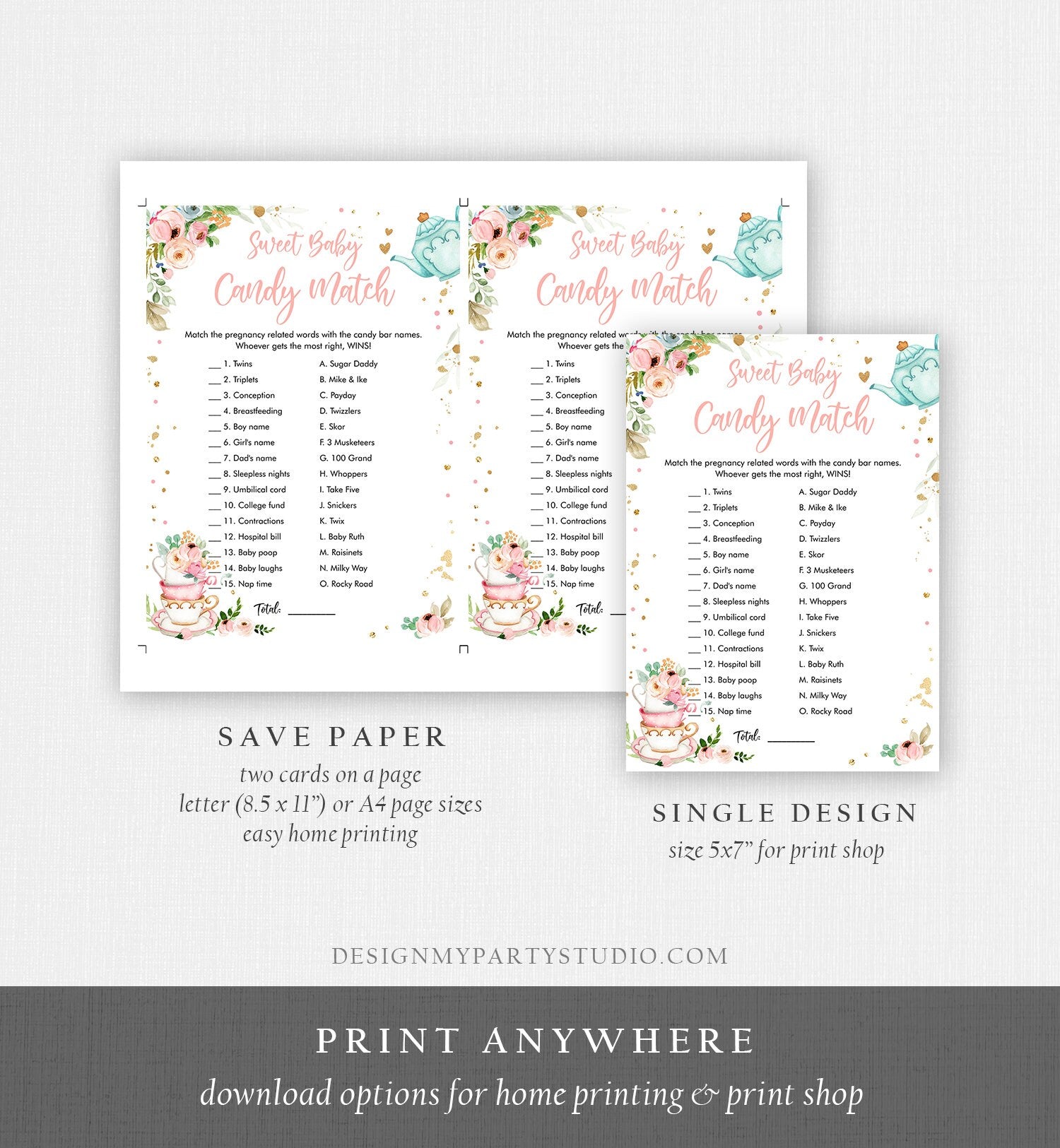 Editable Candy Match Baby Shower Game Sweet Baby Tea Party Baby is Brewing Game Candy Bars Shower Activity Corjl Template Printable 0349