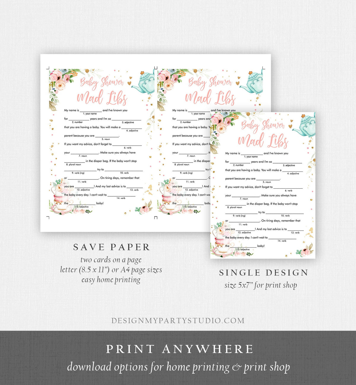 Editable Mad Libs Baby Shower Game Story Advice Mom to Be Tea Party Baby is Brewing Game Shower Activity Corjl Template Printable 0349