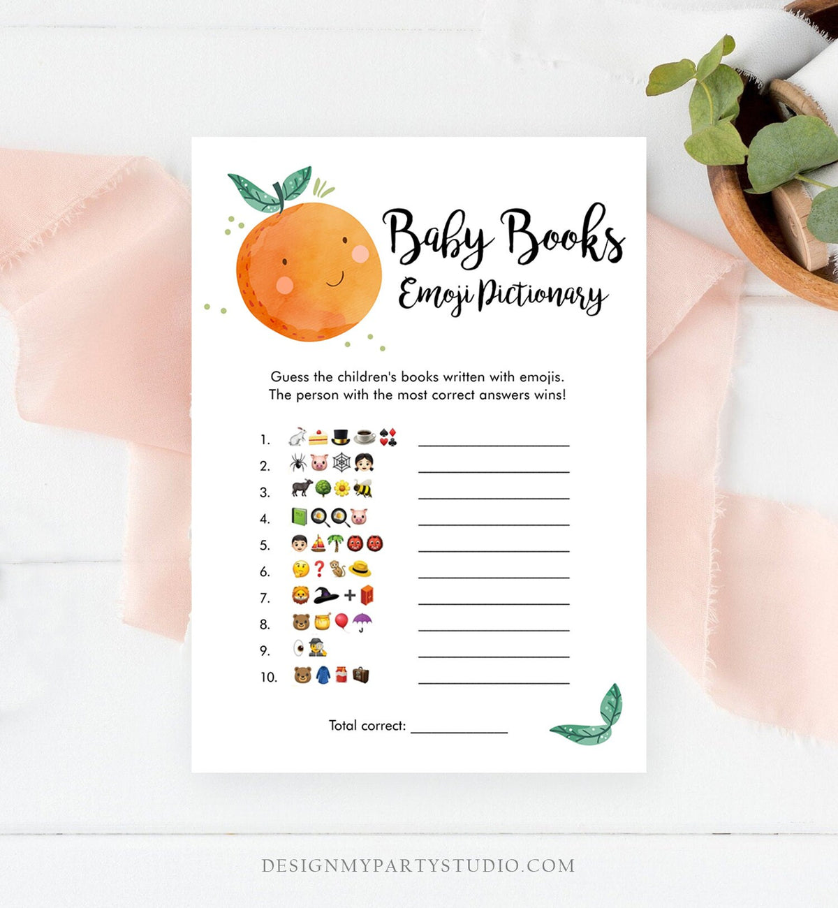 Editable Emoji Pictionary Baby Shower Game Card Little Cutie Orange Clementine Emoticons Search Activity Download Template Corjl 0330