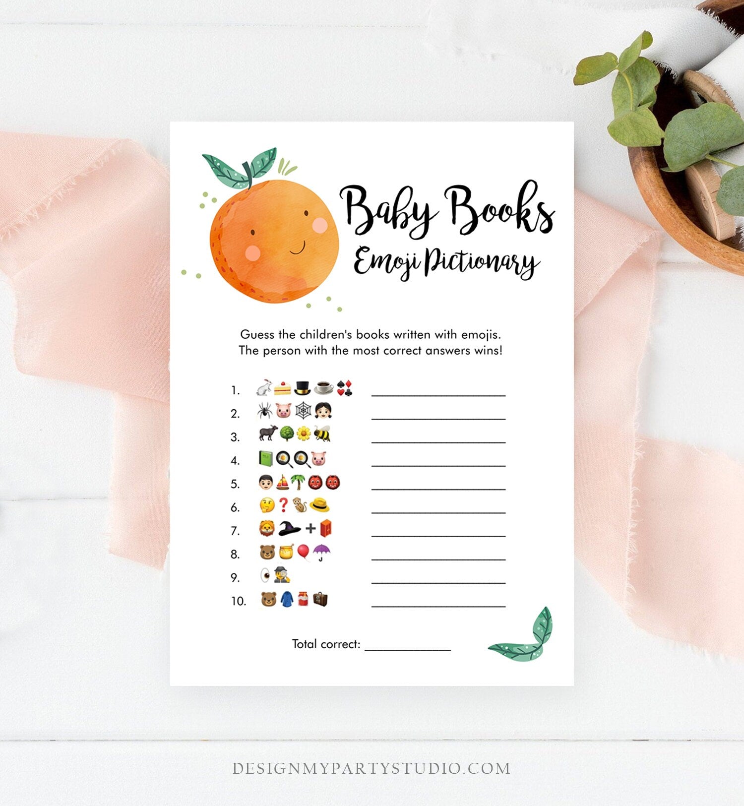 Editable Emoji Pictionary Baby Shower Game Card Little Cutie Orange Clementine Emoticons Search Activity Download Template Corjl 0330