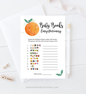 Editable Emoji Pictionary Baby Shower Game Card Little Cutie Orange Clementine Emoticons Search Activity Download Template Corjl 0330