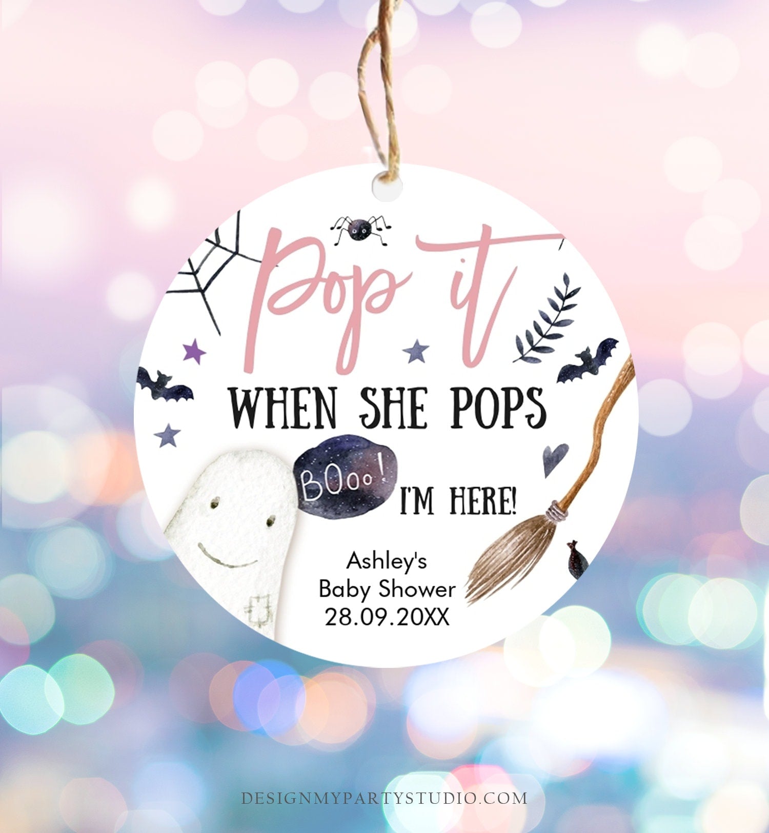 Editable Pop It When She Pops Tags Halloween Baby Shower Peek a Boo Tag Stickers Champagne Favor Labels Ready to Pop Template Corjl 0199