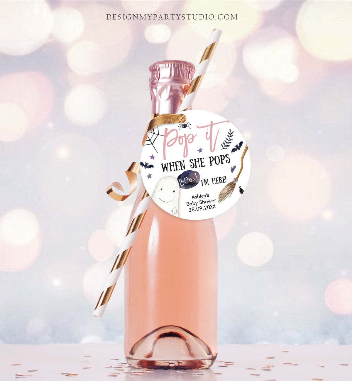 Editable Pop It When She Pops Tags Halloween Baby Shower Peek a Boo Tag Stickers Champagne Favor Labels Ready to Pop Template Corjl 0199