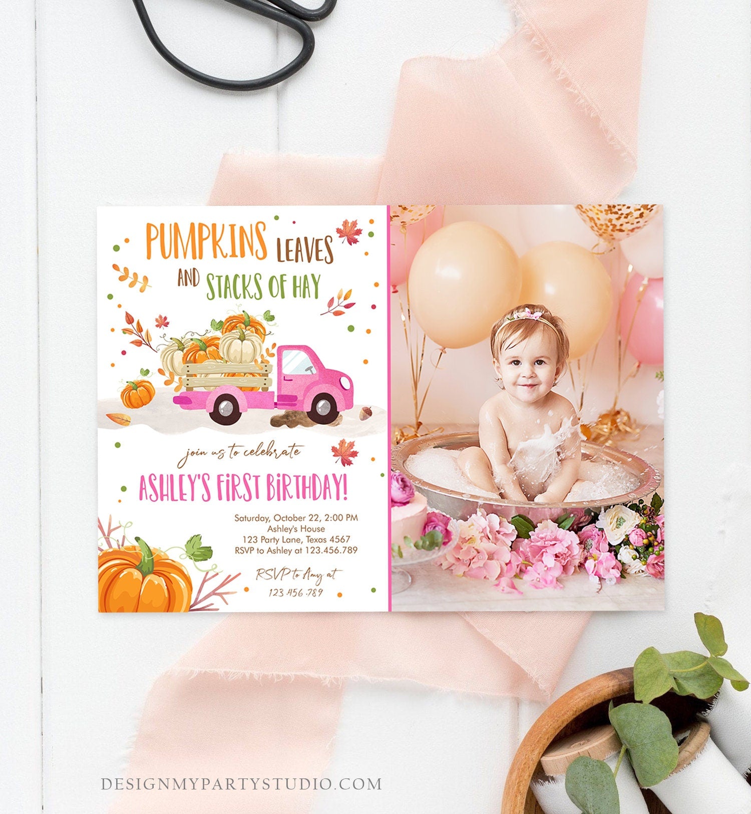 Editable Little Pumpkin Truck Birthday Invitation Pink Girl First Birthday Party Leaves Fall Orange Download Corjl Template Printable 0153