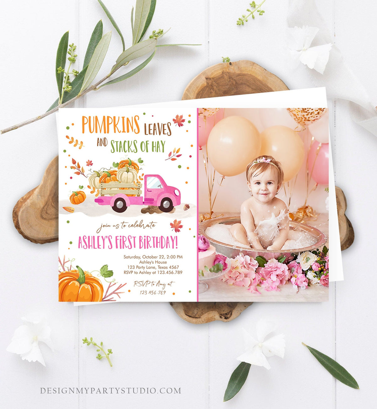 Editable Little Pumpkin Truck Birthday Invitation Pink Girl First Birthday Party Leaves Fall Orange Download Corjl Template Printable 0153