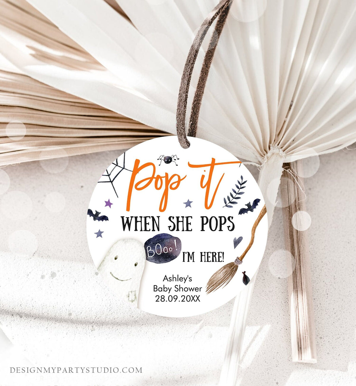 Editable Pop It When She Pops Tags Halloween Baby Shower Peek a Boo Tag Stickers Champagne Favor Labels Ready to Pop Template Corjl 0199