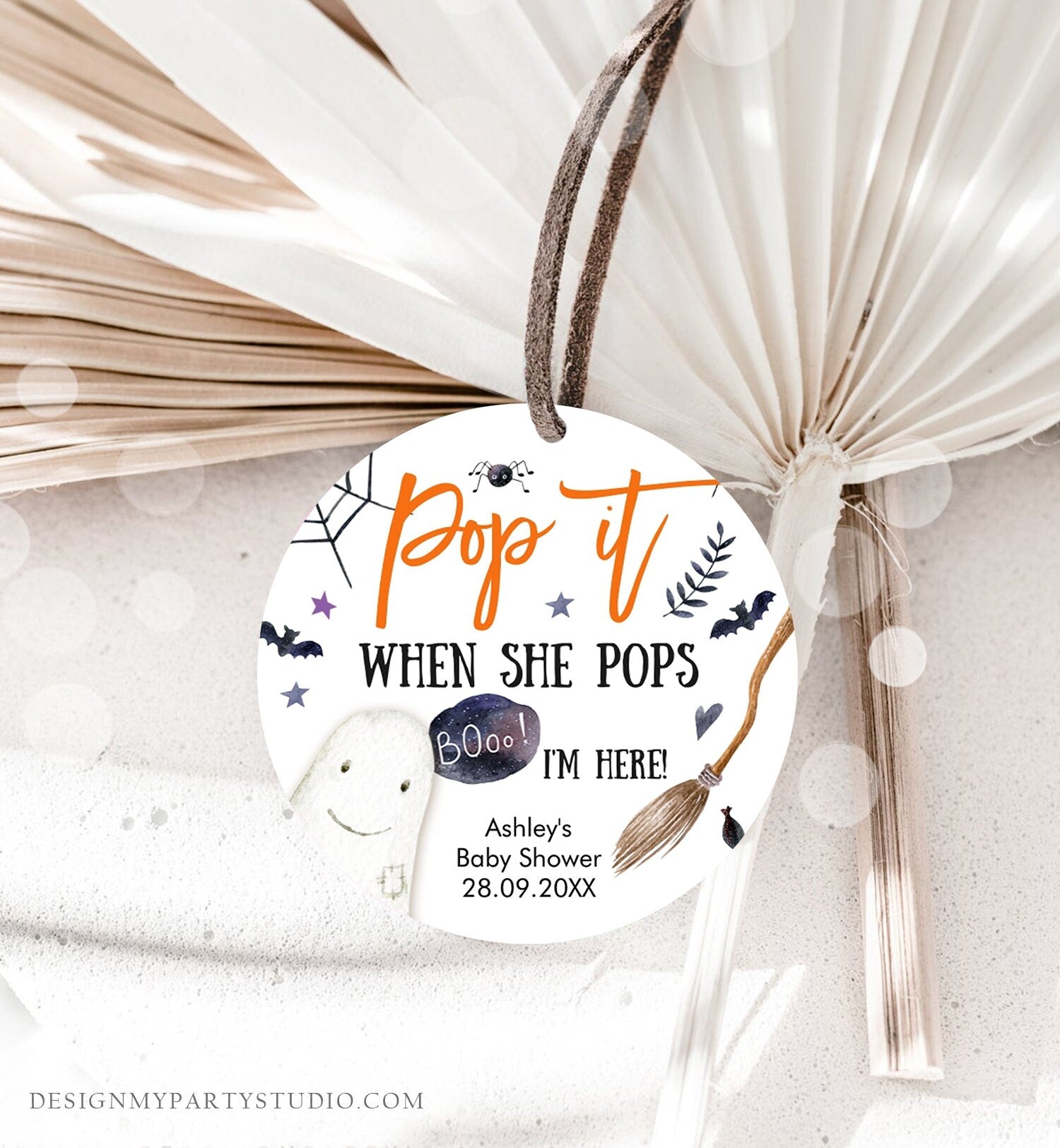 Editable Pop It When She Pops Tags Halloween Baby Shower Peek a Boo Tag Stickers Champagne Favor Labels Ready to Pop Template Corjl 0199