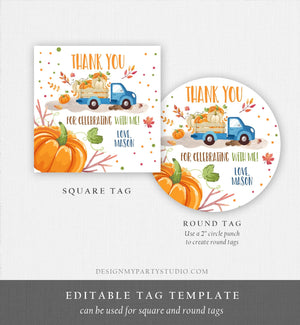 Editable Little Pumpkin Truck Favor Tag Boy Birthday Pumpkin Blue Truck Thank You Sticker Label Fall Autumn Corjl Template Printable 0153