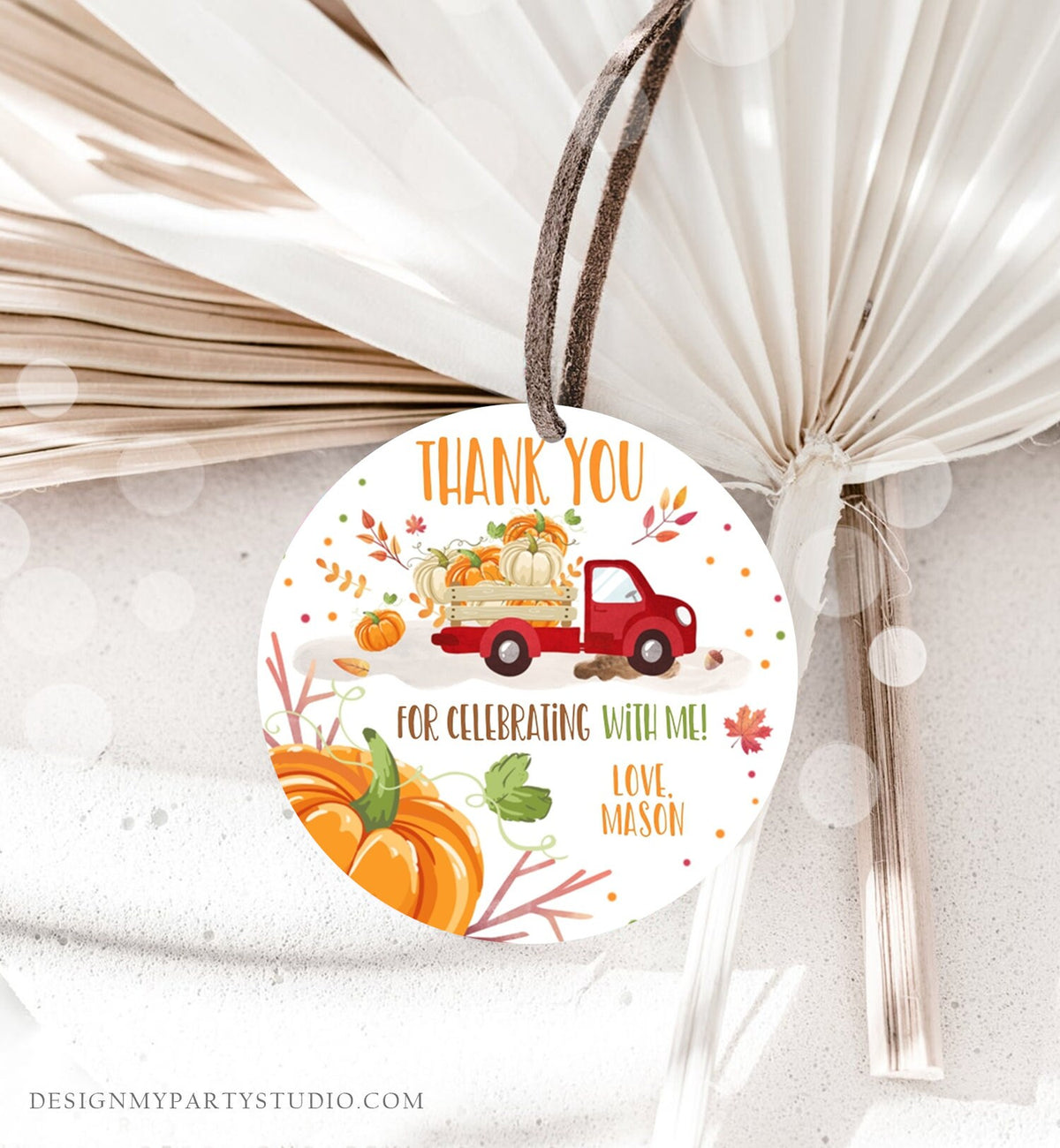 Editable Little Pumpkin Truck Favor Tag Boy Birthday Pumpkin Red Truck Thank You Sticker Label Fall Autumn Corjl Template Printable 0153