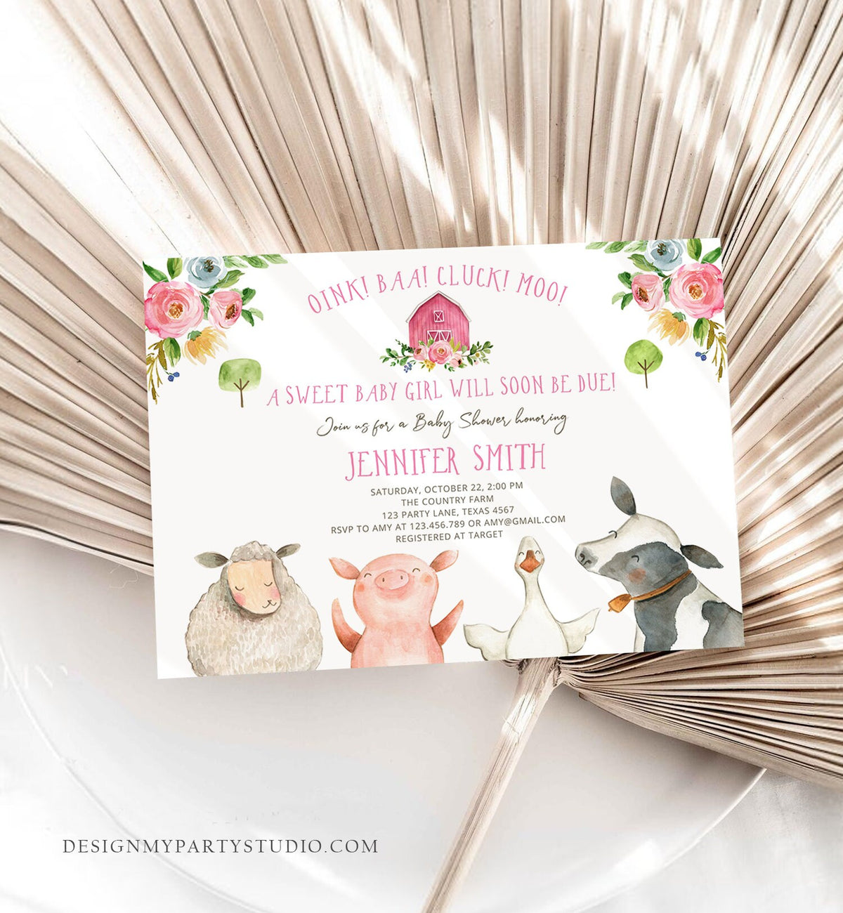 Editable Farm Baby Shower Invitation Girl Farm Animals Pink Barnyard Sprinkle Watercolor Digital Download Corjl Template Printable 0155