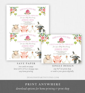 Editable Farm Baby Shower Invitation Girl Farm Animals Pink Barnyard Sprinkle Watercolor Digital Download Corjl Template Printable 0155