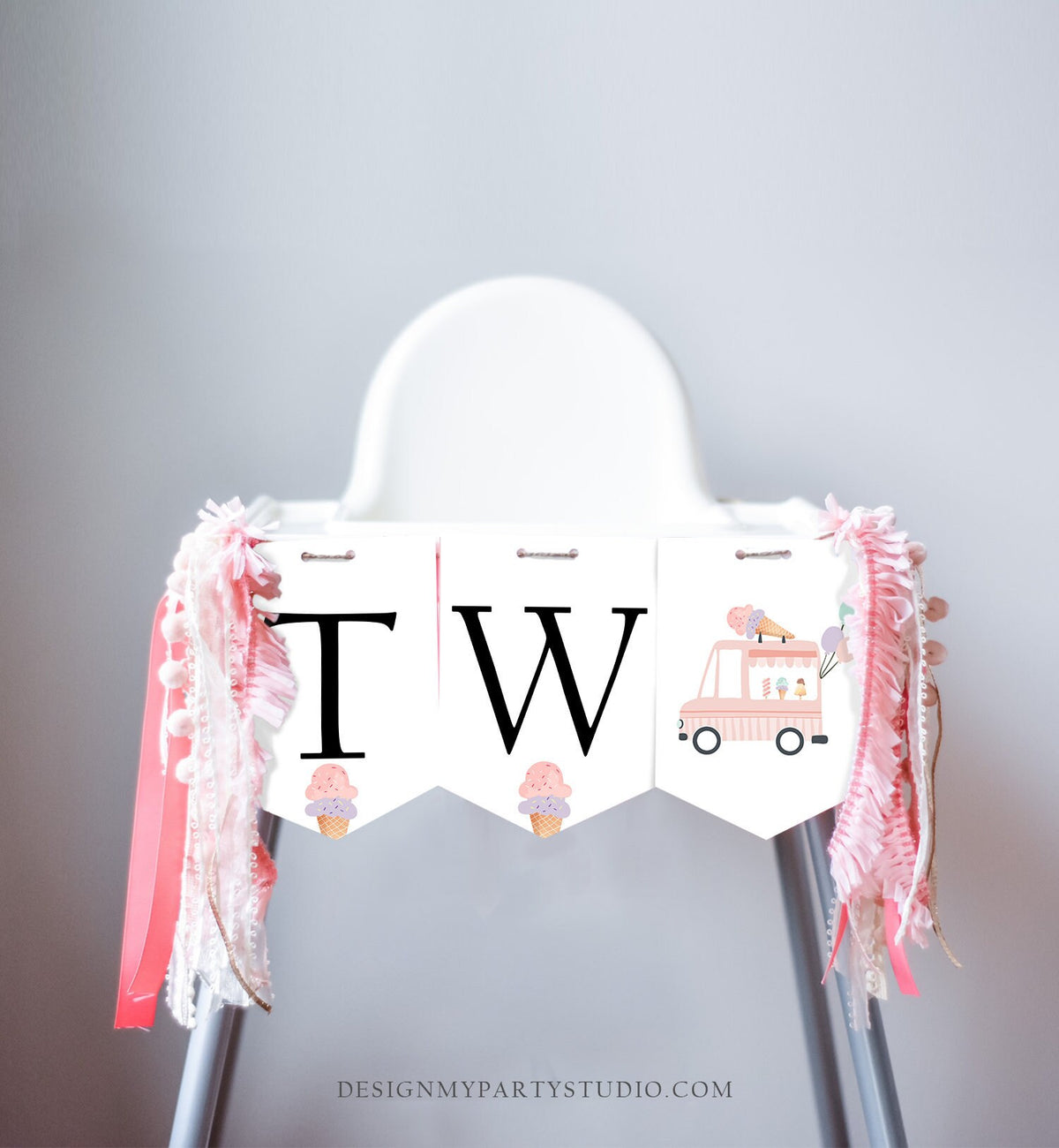 Ice Cream Truck High Chair Banner Modern Mint Pink Ice Cream 2nd Birthday Girl High Chair TWO Banner Two Sweet Summer PRINTABLE Digital 0415
