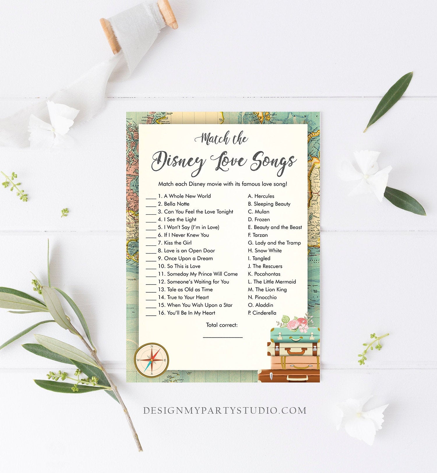 Editable Disney Love Songs Bridal Shower Game Quotes Traveling Adventure Coed Shower Games Wedding Activity Corjl Template Printable 0044