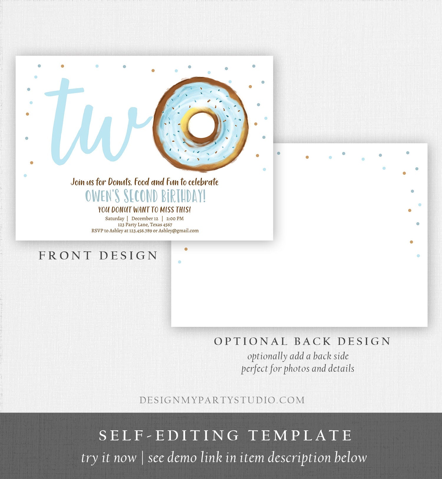 Editable Donut Birthday Invitation Donut 2nd Birthday Invite Blue Donut Two Sweet Blue Second Instant Download Printable Template Corjl 0368