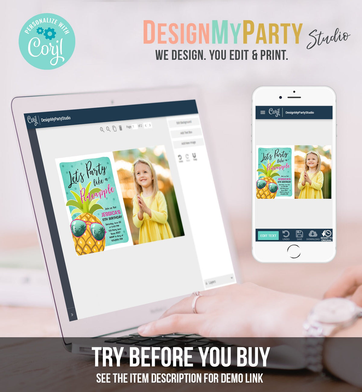 Editable Pineapple Birthday Invitation Lets Party Like a Pineapple Invite Tropical Party Aloha Girl Download Printable Template Corjl 0203