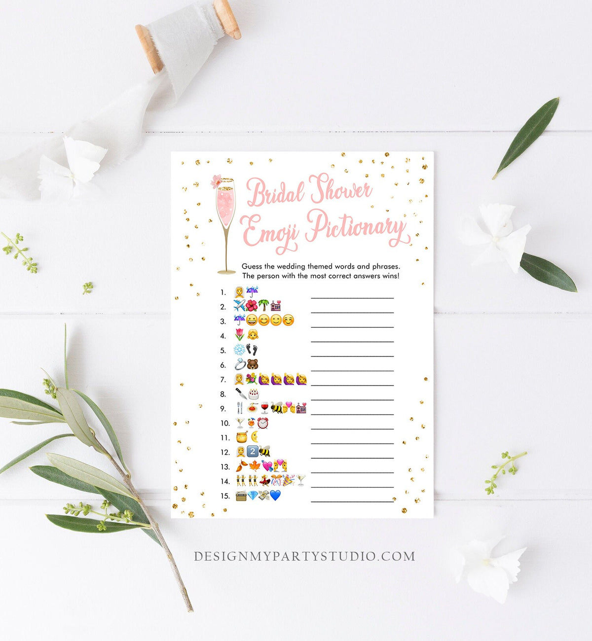 Editable Emoji Pictionary Bridal Shower Game Brunch and Bubbly Emoticons Social Icons Wedding Activity Gold Corjl Template Printable 0150