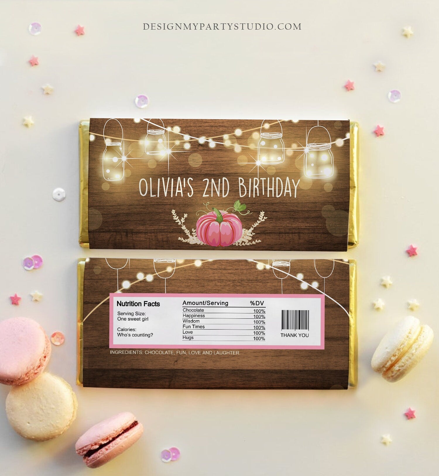Editable Little Pumpkin Chocolate Bar Labels Candy Bar Wrapper Girl Pink Birthday Rustic Fall String Lights Corjl Template Printable 0015