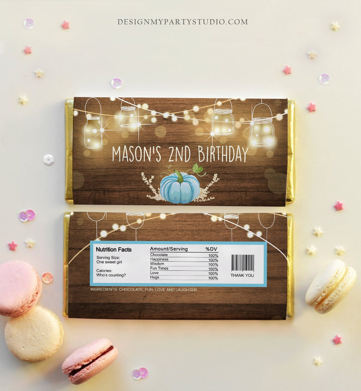Editable Little Pumpkin Chocolate Bar Labels Candy Bar Wrapper Blue Boy Birthday Rustic Fall String Lights Corjl Template Printable 0015