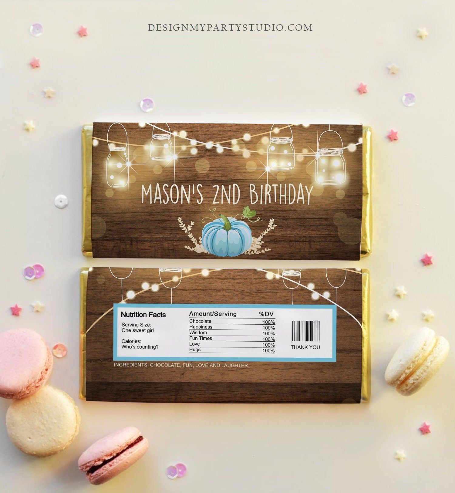 Editable Little Pumpkin Chocolate Bar Labels Candy Bar Wrapper Blue Boy Birthday Rustic Fall String Lights Corjl Template Printable 0015
