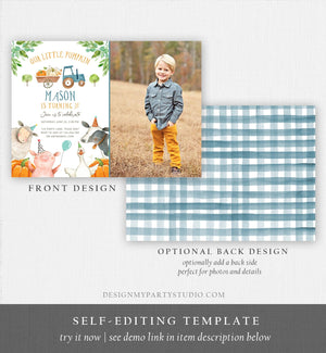 Editable Farm Birthday Invitation Pumpkin Boy Farm Animals Boy Barnyard Fall Birthday Download Printable Invitation Template Digital 0155